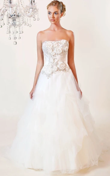 A-Line Ruffled Strapless Long Sleeveless Tulle Wedding Dress With Beading And Flower