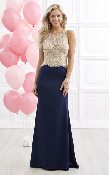 Sheath Long Scoop-Neck Sleeveless Jersey Keyhole Dress With Beading