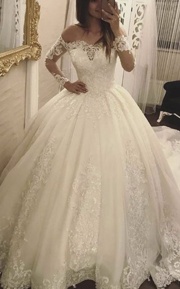 Illusion Lace Long Sleeve Luxury Off-the-shoulder Ballgown Princess ...