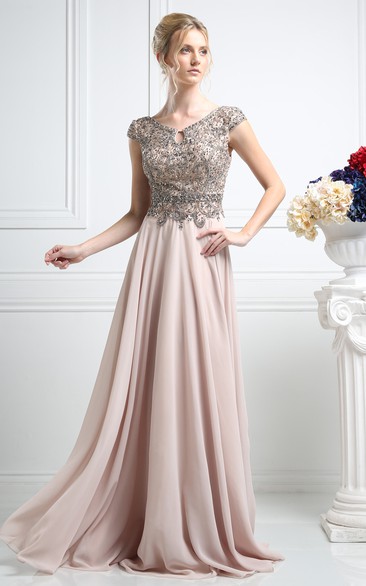 Sheath Maxi V-Neck Cap-Sleeve Chiffon Low-V Back Dress With Beading And Pleats