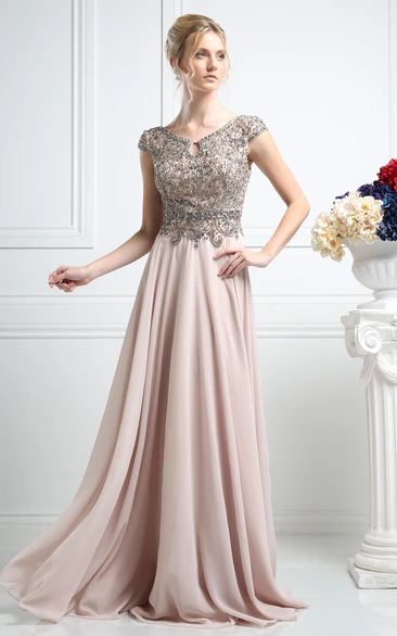 Sheath Maxi V-Neck Cap-Sleeve Chiffon Low-V Back Dress With Beading And Pleats