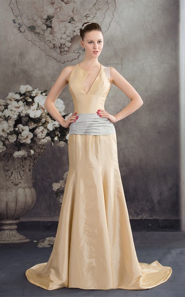 Sleeveless Column Taffeta Dress With Ruched Waist