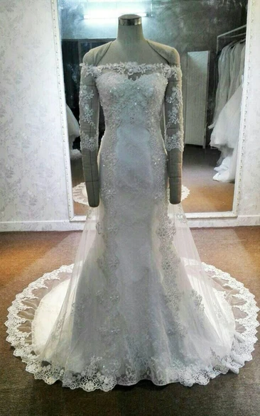 Off-The-Shoulder 3-4 Sleeve Mermaid Lace Dress With Beadings and Lace-Up Back