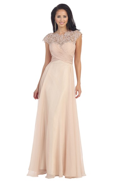A-Line Bateau Cap-Sleeve Chiffon Illusion Dress With Criss Cross And Embroidery