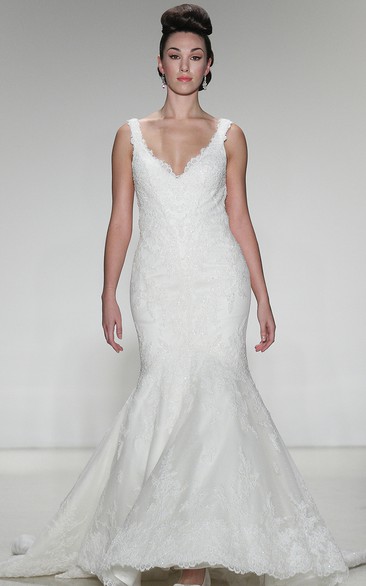 Mermaid Appliqued Sleeveless V-Neck Floor-Length Lace Wedding Dress With Court Train And Deep-V Back