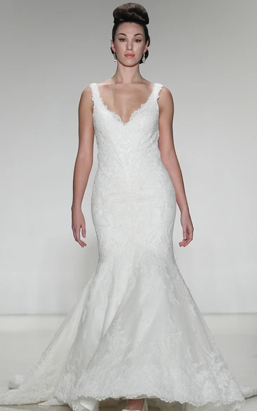 Mermaid Appliqued Sleeveless V-Neck Floor-Length Lace Wedding Dress With Court Train And Deep-V Back