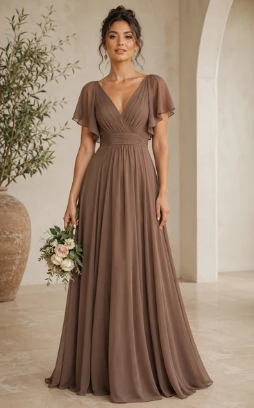 Taupe V-neck Flutter Sleeve Chiffon A-Line Dress