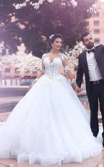 V-neck Ball Gown Floor-length Court Train Long Sleeve Tulle Wedding Dress with Zipper Illusion Back