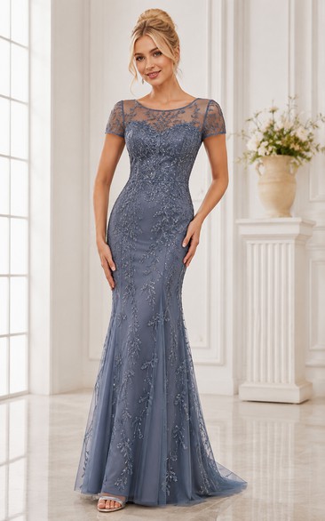 Tulle Mother of the Bride Dress in Steel Blue, Bateau Mermaid Floor-Length Gown with Lace and Appliques