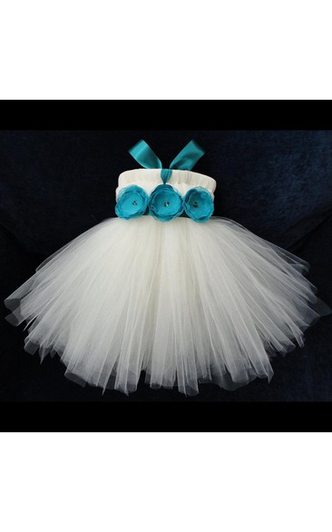 Empire Pleated Bodice Tulle Ball Gown With Waist Flower