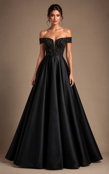 Black Tie Gala Dress with Crystal Beaded Bodice Off Shoulder A-Line Gown