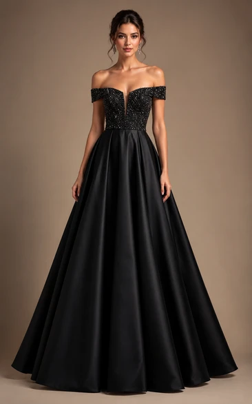 Vestido de gala negro con corpiño de cuentas de cristal y escote de hombros descubiertos, corte en A.