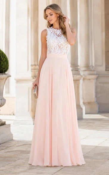 Vestido de dama de honor largo hasta el suelo con corpiño de encaje ilusión color rubor