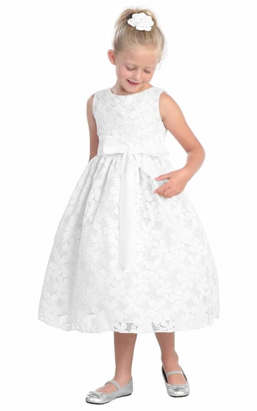 Floral Tea-Length Floral Lace Flower Girl Dress With Embroidery