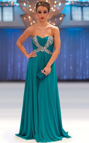 Sheath Sleeveless Sweetheart Empire Floor-Length Beaded Chiffon Prom Dress With Ruching