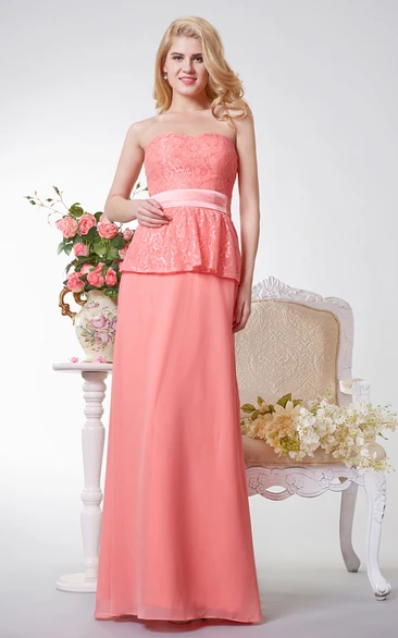 Strapless A-line Long Chiffon and Lace Dress With Sash