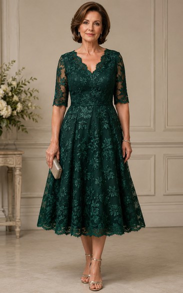 A-Line Tea-Length V-Neck 3/4 Length Sleeve Lace Mother Dress with Lace