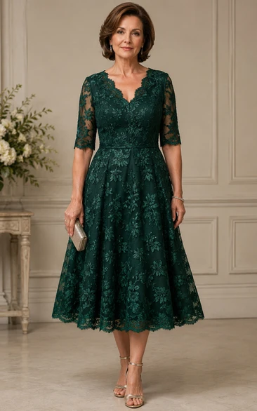 A-Line Tea-Length V-Neck 3/4 Length Sleeve Lace Mother Dress with Lace