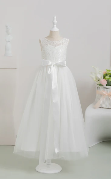 First Communion White Lace Tulle Flowergirl Dress with Bow