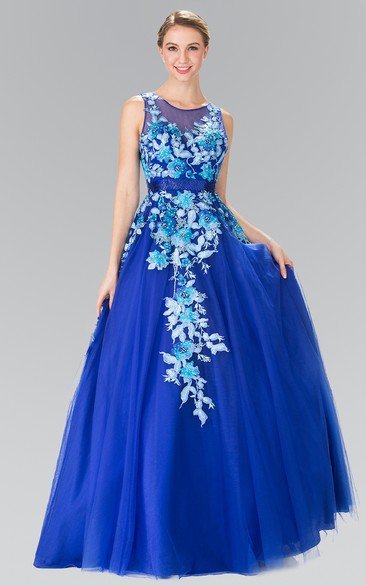 A-Line Long Scoop-Neck Sleeveless Tulle Keyhole Dress With Appliques And Pleats