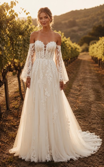 Boho A-Line Wedding Dress Off Shoulder Long Bell Sleeve Sweetheart Tulle Lace Applique Floor Length Chapel Train Ivory
