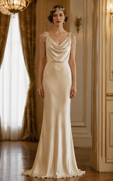 Champagne Satin Cowl Neck Sheath Vintage Wedding Dress