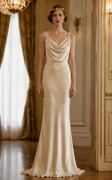 Champagne Satin Cowl Neck Sheath Vintage Wedding Dress