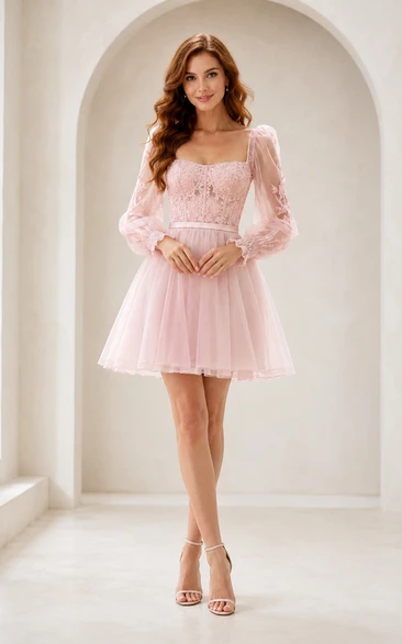 Zartrosa, langärmeliges A-Linien-Abendkleid aus Spitze, kurzem Tüll und Illusionsärmeln