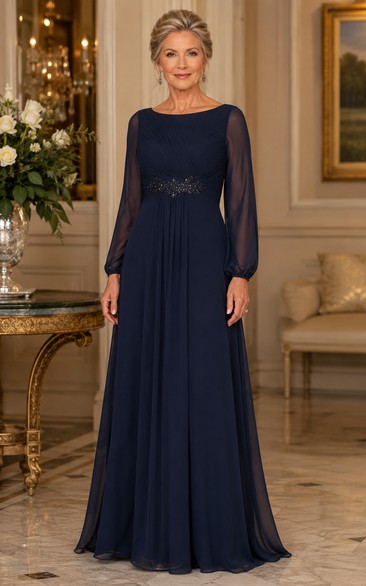 Dark Navy Long Sleeve Chiffon A-Line Mother Dress