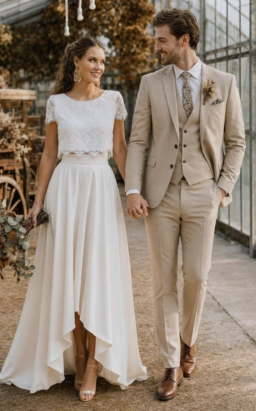 Bohemian Bateau Satin and Lace Two Piece Floor-length Short Sleeve Wedding Dress with Pleats