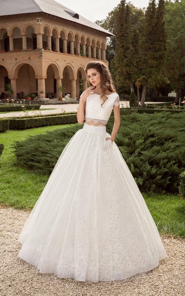 Two Pieces Short Sleeve Illusion Back Bridal Dress