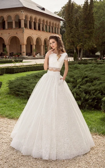 Two Pieces Short Sleeve Illusion Back Bridal Dress