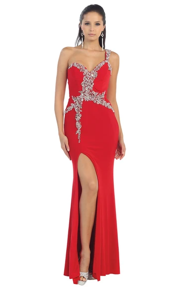 Sheath Long One-Shoulder Sleeveless Jersey Dress With Split Front And Beading