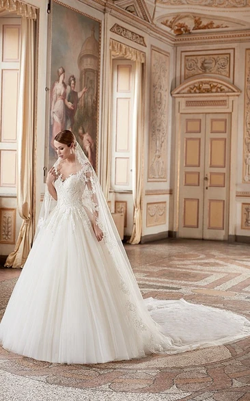 A-Line Floor-Length Cap-Sleeve Appliqued Scoop-Neck Lace Wedding Dress