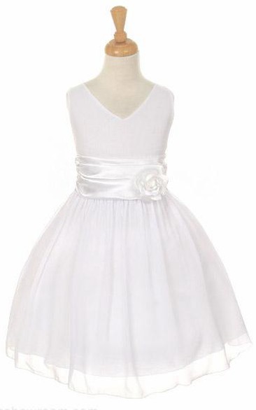 V-Neck Knee-Length Tiered Chiffon&Satin Flower Girl Dress