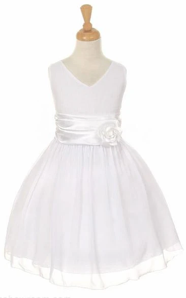 V-Neck Knee-Length Tiered Chiffon&Satin Flower Girl Dress