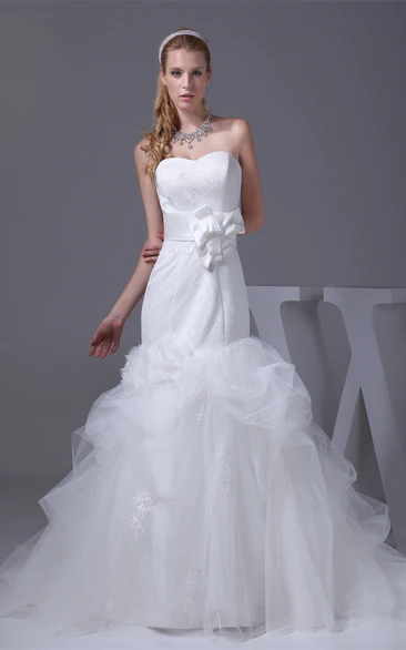 Sleeveless Appliqued Mermaid Tulle Overlay and Dress With Bow