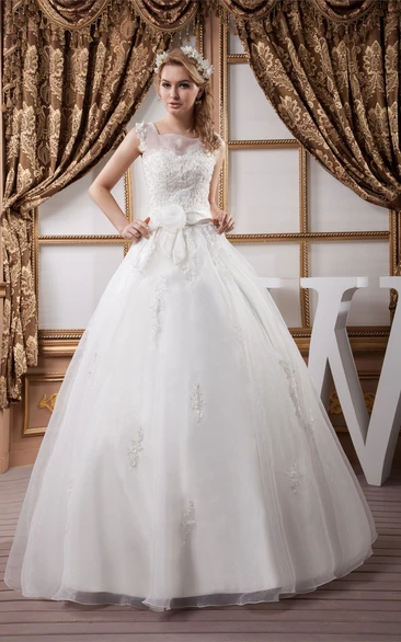 Sleeveless Tulle Illusion Neckline and Ball-Gown With Appliques