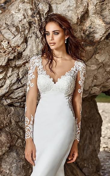 Sheath V-Neck Long-Sleeve Chiffon Wedding Dress With Illusion