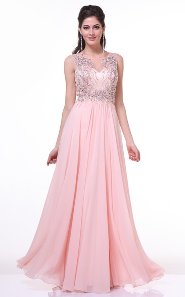 A-Line Maxi Scoop-Neck Sleeveless Chiffon Illusion Dress With Beading And Pleats