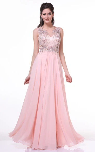 A-Line Maxi Scoop-Neck Sleeveless Chiffon Illusion Dress With Beading And Pleats