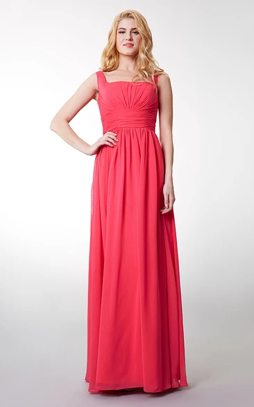 Chic Sleeveless Long Chiffon Dress With Rushing and Square Neckline