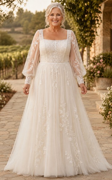 Bohemian Lace A-Line Older Brides Wedding Dress with Puff Illusion Sleeves
