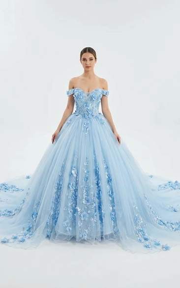 Sky Blue Off Shoulder Quinceanera Ball Gown Prom Dress with Lace Applique Train