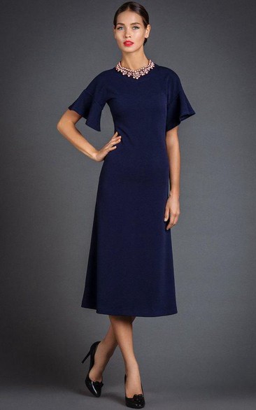 High Neck Short Bell Sleeve A-line Tea Length Jersey Dress