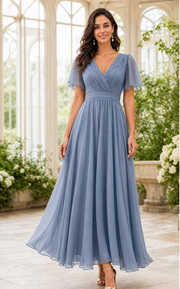 Steel Blue V-neck Flutter Sleeve Chiffon Floor-length Dress