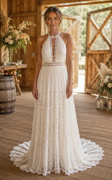 Boho A-Line Wedding Dress Halter Tulle Lace Chiffon Applique Floor Length Chapel Train Ivory