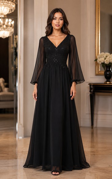 Chiffon Evening Dress in Black, V-neck A-Line Floor-Length Gown with Beading