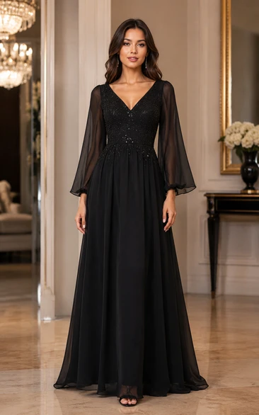 Chiffon Evening Dress in Black, V-neck A-Line Floor-Length Gown with Beading