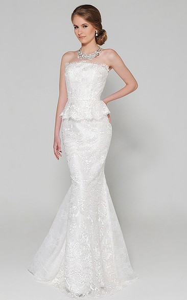 Mermaid Sleeveless Maxi Peplum Strapless Lace Wedding Dress With Appliques